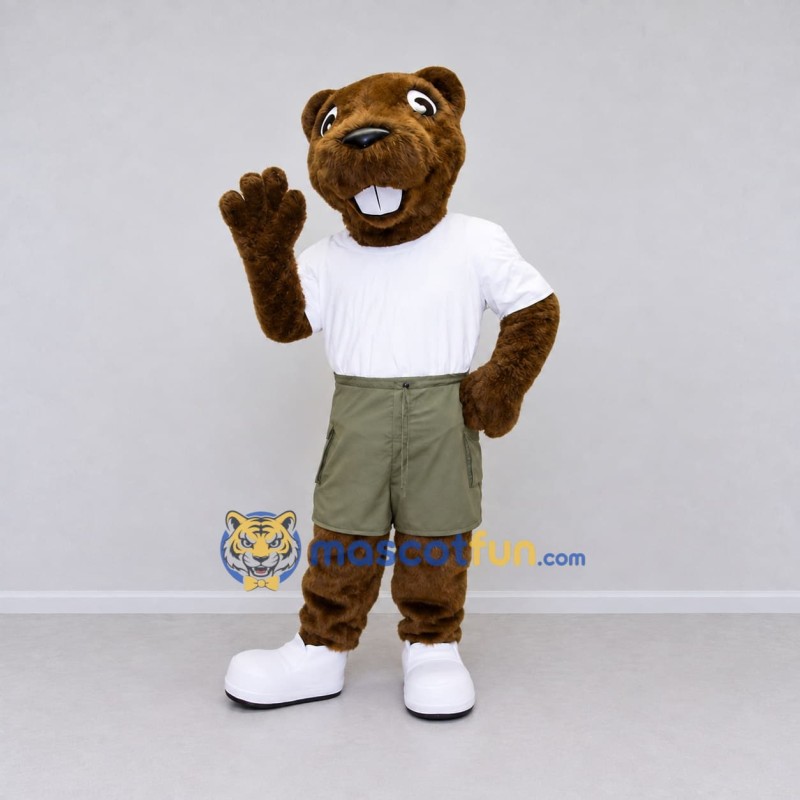 Custom Brown and White Rodent in T-Shirt Mascot Costume Adult Full Body Suit for School Events Custom Brown and White Rodent in T-Shirt Mascot Costume Adult Full Body Suit for School Events