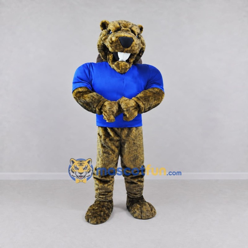 Custom Brown and Blue Beaver in Polo Shirt Mascot Costume Adult Full Body Suit for School Events Custom Brown and Blue Beaver in Polo Shirt Mascot Costume Adult Full Body Suit for School Events