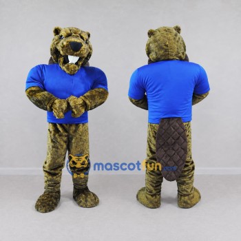 Custom Brown and Blue Beaver in Polo Shirt Mascot Costume Adult Full Body Suit for School Events