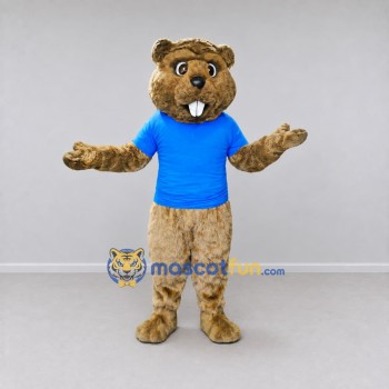 Custom Tan and Blue Rodent in T-Shirt Mascot Costume Adult Full Body Suit for School Events