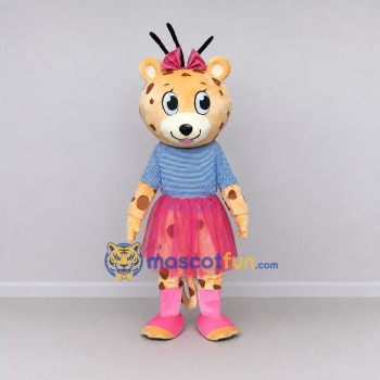 Custom Tan Blue and Pink Spotted Cat in Skirt Mascot Costume Adult Full Body Suit for Children's Events