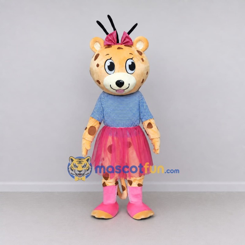 Custom Tan Blue and Pink Spotted Cat in Skirt Mascot Costume Adult Full Body Suit for Children's Events Custom Tan Blue and Pink Spotted Cat in Skirt Mascot Costume Adult Full Body Suit for Children's Events