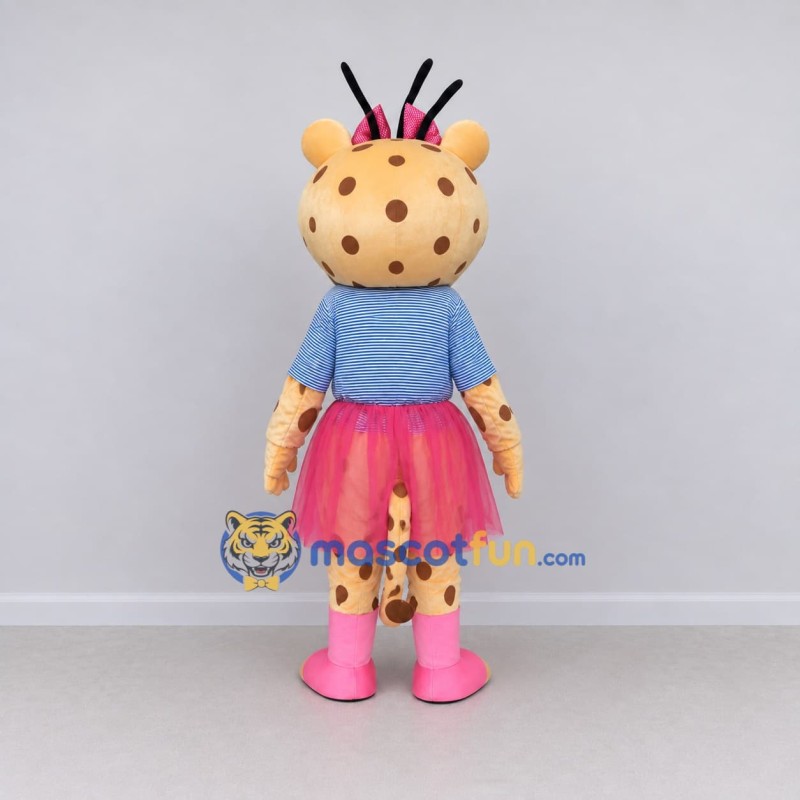 Custom Tan Blue and Pink Spotted Cat in Skirt Mascot Costume Adult Full Body Suit for Children's Events Custom Tan Blue and Pink Spotted Cat in Skirt Mascot Costume Adult Full Body Suit for Children's Events