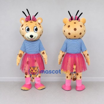 Custom Tan Blue and Pink Spotted Cat in Skirt Mascot Costume Adult Full Body Suit for Children's Events