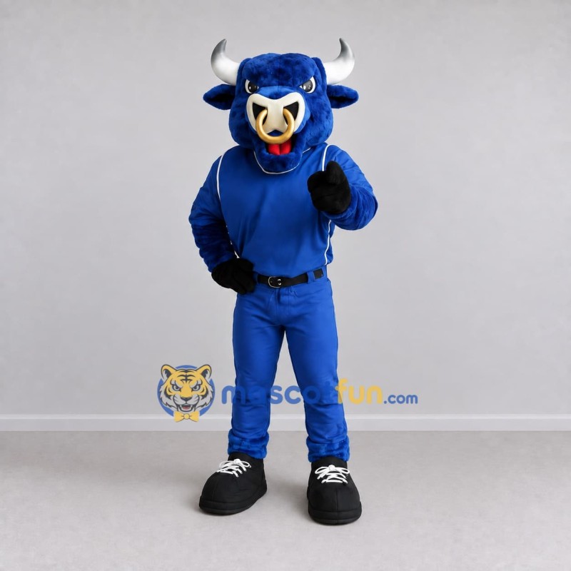 Custom Blue and White Bull in Sportswear Mascot Costume Adult Full Body Suit for Sports Events Custom Blue and White Bull in Sportswear Mascot Costume Adult Full Body Suit for Sports Events