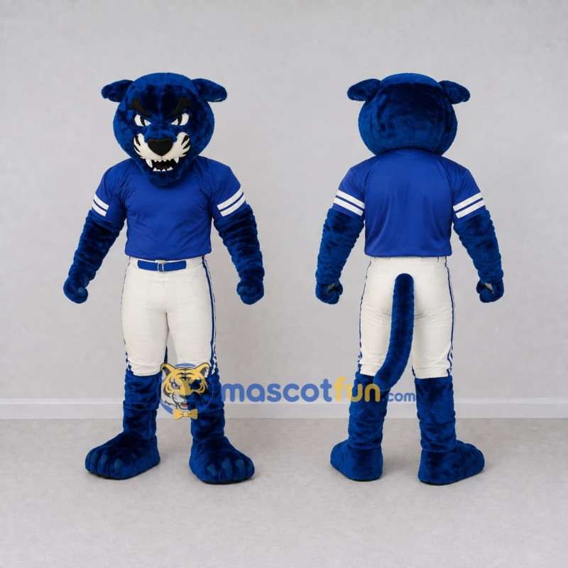 Custom Blue and White Big Panther in Sportswear Mascot Costume Adult Full Body Suit for Sports Events Custom Blue and White Big Panther in Sportswear Mascot Costume Adult Full Body Suit for Sports Events