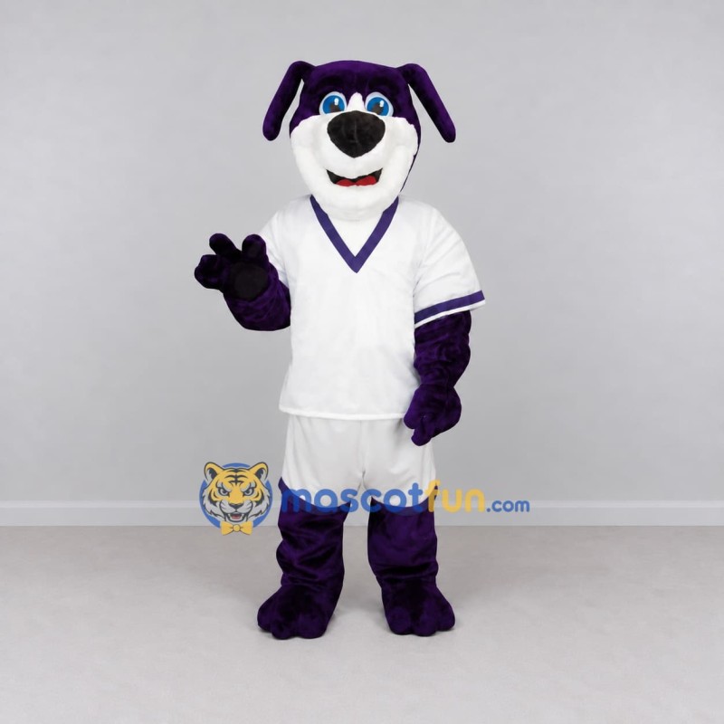 Custom Purple and White Dog in Sportswear Mascot Costume Adult Full Body Suit for Sports Events Custom Purple and White Dog in Sportswear Mascot Costume Adult Full Body Suit for Sports Events