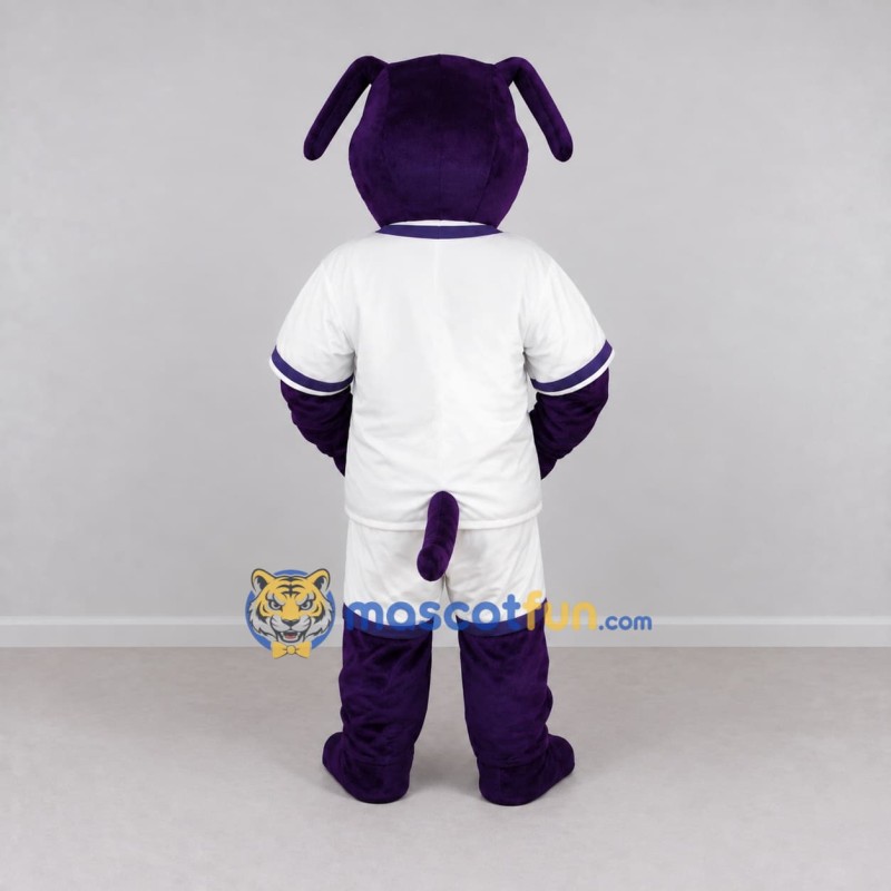 Custom Purple and White Dog in Sportswear Mascot Costume Adult Full Body Suit for Sports Events Custom Purple and White Dog in Sportswear Mascot Costume Adult Full Body Suit for Sports Events
