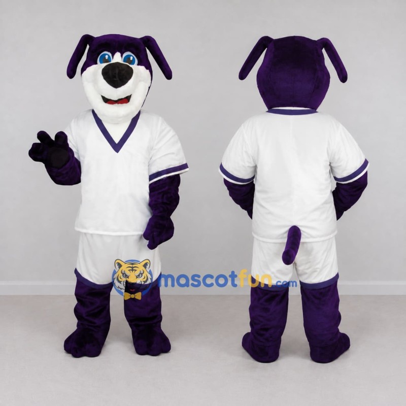 Custom Purple and White Dog in Sportswear Mascot Costume Adult Full Body Suit for Sports Events Custom Purple and White Dog in Sportswear Mascot Costume Adult Full Body Suit for Sports Events