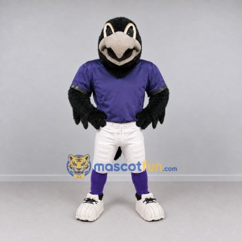 Custom Black Purple and White Raven in Sportswear Mascot Costume Adult Full Body Suit for Sports Events Custom Black Purple and White Raven in Sportswear Mascot Costume Adult Full Body Suit for Sports Events