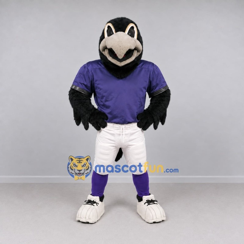 Custom Black Purple and White Raven in Sportswear Mascot Costume Adult Full Body Suit for Sports Events Custom Black Purple and White Raven in Sportswear Mascot Costume Adult Full Body Suit for Sports Events