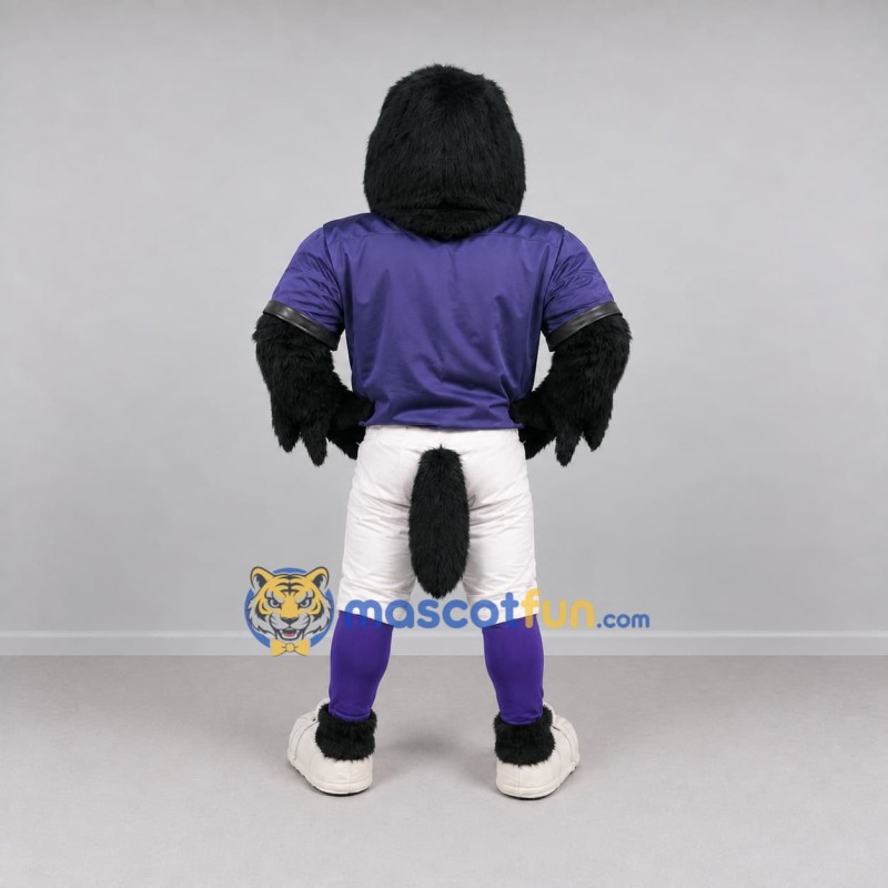 Custom Black Purple and White Raven in Sportswear Mascot Costume Adult Full Body Suit for Sports Events Custom Black Purple and White Raven in Sportswear Mascot Costume Adult Full Body Suit for Sports Events