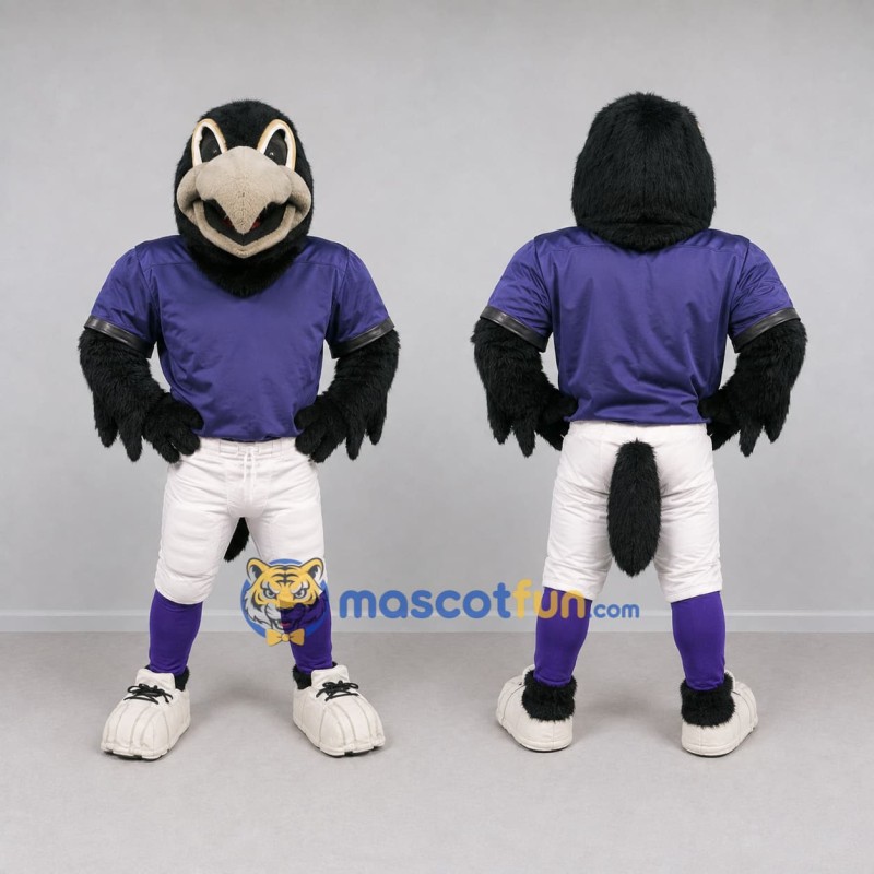 Custom Black Purple and White Raven in Sportswear Mascot Costume Adult Full Body Suit for Sports Events Custom Black Purple and White Raven in Sportswear Mascot Costume Adult Full Body Suit for Sports Events