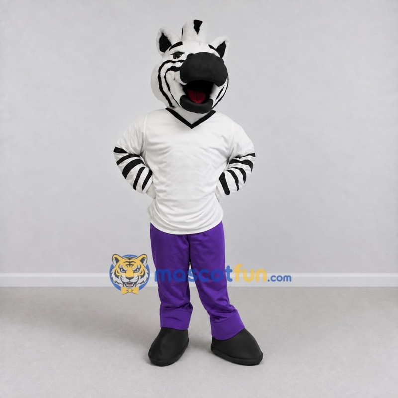 Custom Black White and Purple Zebra in Sportswear Mascot Costume Adult Full Body Suit for Sports Events Custom Black White and Purple Zebra in Sportswear Mascot Costume Adult Full Body Suit for Sports Events