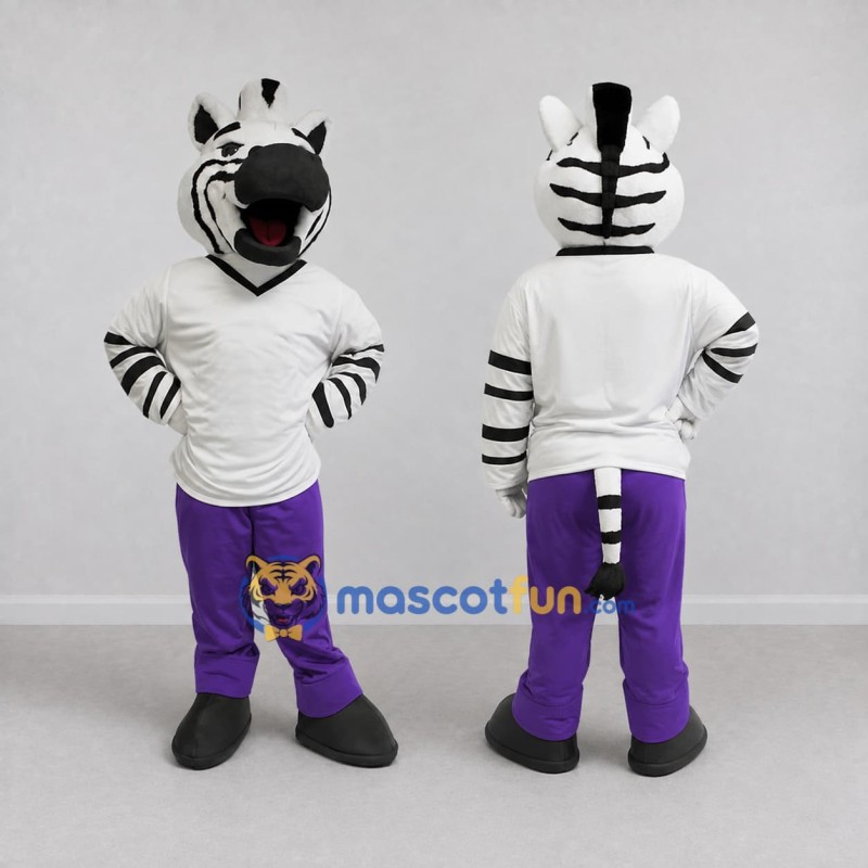 Custom Black White and Purple Zebra in Sportswear Mascot Costume Adult Full Body Suit for Sports Events Custom Black White and Purple Zebra in Sportswear Mascot Costume Adult Full Body Suit for Sports Events
