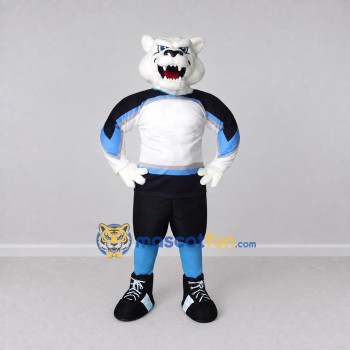 Custom White Black and Blue Wolf in Sportswear Mascot Costume Adult Full Body Suit for Sports Events Custom White Black and Blue Wolf in Sportswear Mascot Costume Adult Full Body Suit for Sports Events