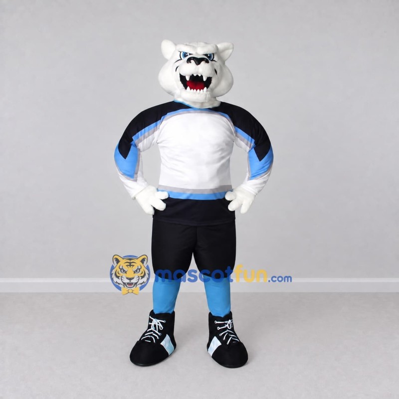 Custom White Black and Blue Wolf in Sportswear Mascot Costume Adult Full Body Suit for Sports Events Custom White Black and Blue Wolf in Sportswear Mascot Costume Adult Full Body Suit for Sports Events