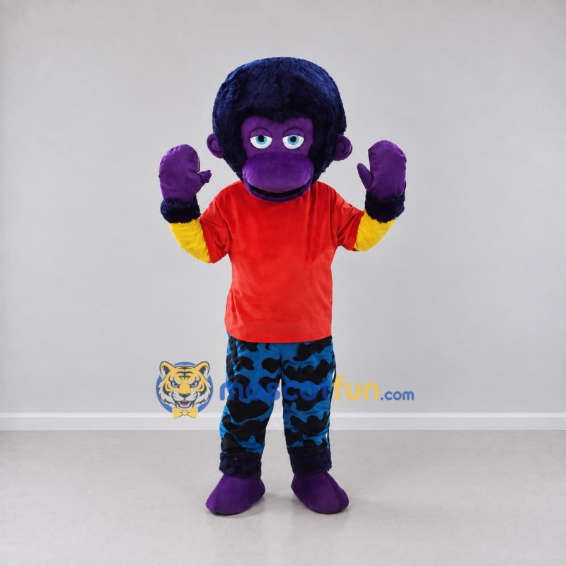 Custom Purple and Red Monkey in T-Shirt Mascot Costume Adult Full Body Suit for Children's Events Custom Purple and Red Monkey in T-Shirt Mascot Costume Adult Full Body Suit for Children's Events