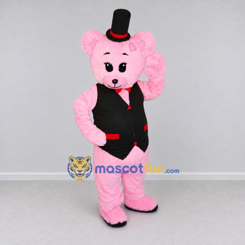 Custom Pink and Black Teddy Bear in Vest Mascot Costume Adult Full Body Suit for Party Events Custom Pink and Black Teddy Bear in Vest Mascot Costume Adult Full Body Suit for Party Events