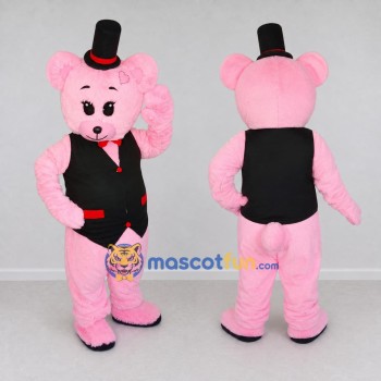 Custom Pink and Black Teddy Bear in Vest Mascot Costume Adult Full Body Suit for Party Events