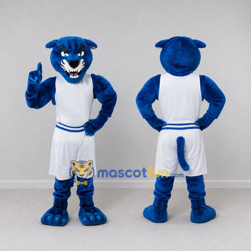 Custom Blue and White Big Panther in Sportswear Mascot Costume Adult Full Body Suit for Sports Events Custom Blue and White Big Panther in Sportswear Mascot Costume Adult Full Body Suit for Sports Events
