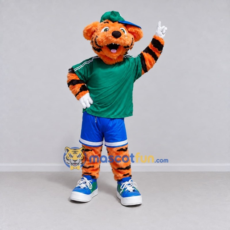 Custom Orange Green and Blue Tiger in Sportswear Mascot Costume Adult Full Body Suit for Sports Events Custom Orange Green and Blue Tiger in Sportswear Mascot Costume Adult Full Body Suit for Sports Events