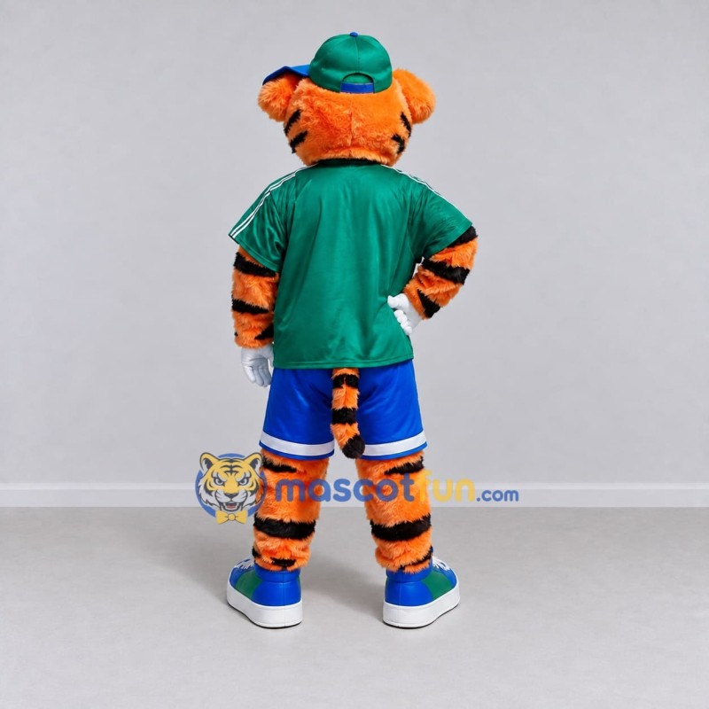 Custom Orange Green and Blue Tiger in Sportswear Mascot Costume Adult Full Body Suit for Sports Events Custom Orange Green and Blue Tiger in Sportswear Mascot Costume Adult Full Body Suit for Sports Events