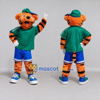 Custom Orange Green and Blue Tiger in Sportswear Mascot Costume Adult Full Body Suit for Sports Events