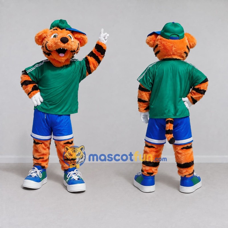 Custom Orange Green and Blue Tiger in Sportswear Mascot Costume Adult Full Body Suit for Sports Events Custom Orange Green and Blue Tiger in Sportswear Mascot Costume Adult Full Body Suit for Sports Events
