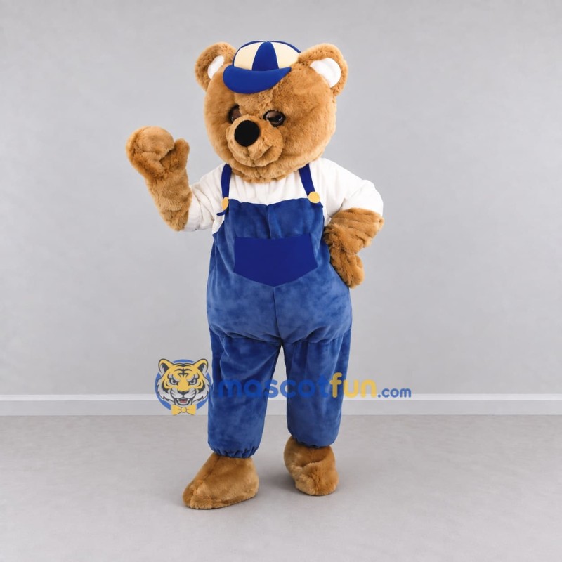 Custom Brown Blue and White Teddy Bear in Overalls Mascot Costume Adult Full Body Suit for Children's Events