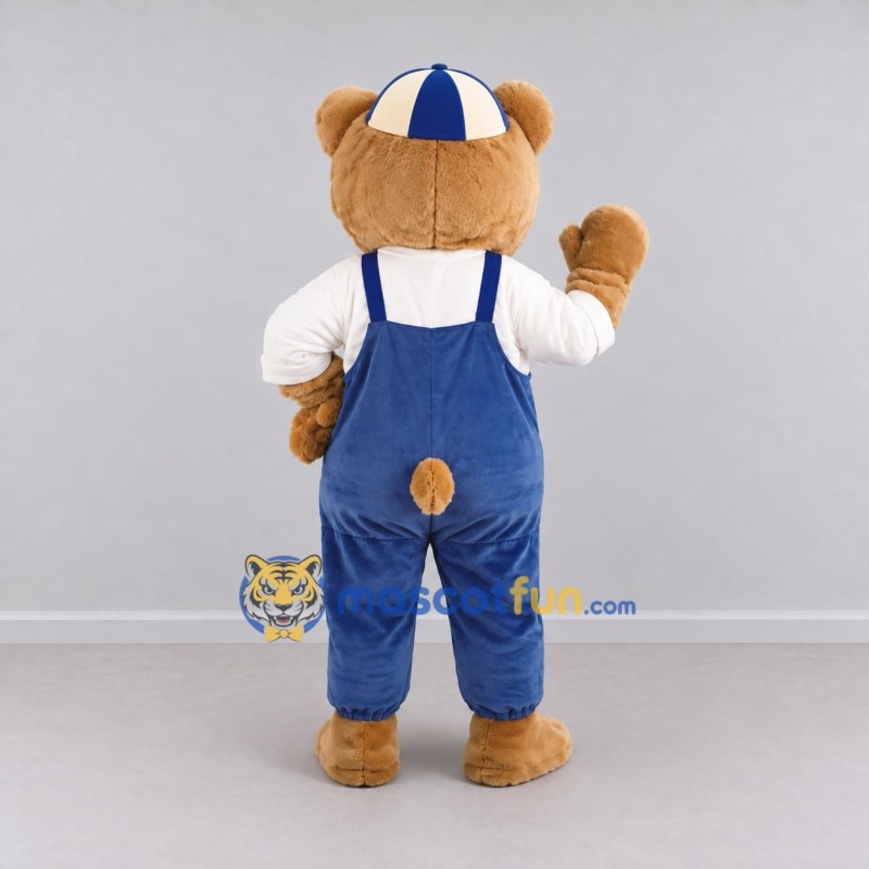Custom Brown Blue and White Teddy Bear in Overalls Mascot Costume Adult Full Body Suit for Children's Events