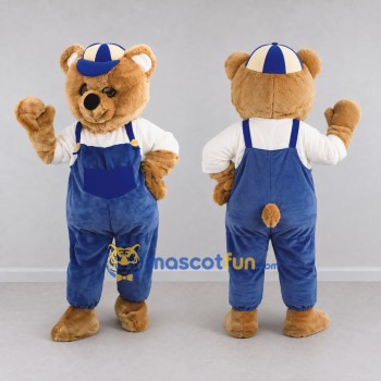 Custom Brown Blue and White Teddy Bear in Overalls Mascot Costume Adult Full Body Suit for Children's Events