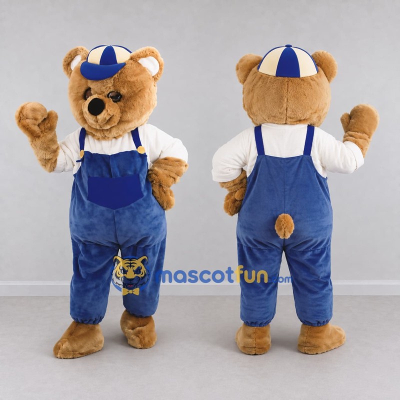 Custom Brown Blue and White Teddy Bear in Overalls Mascot Costume Adult Full Body Suit for Children's Events