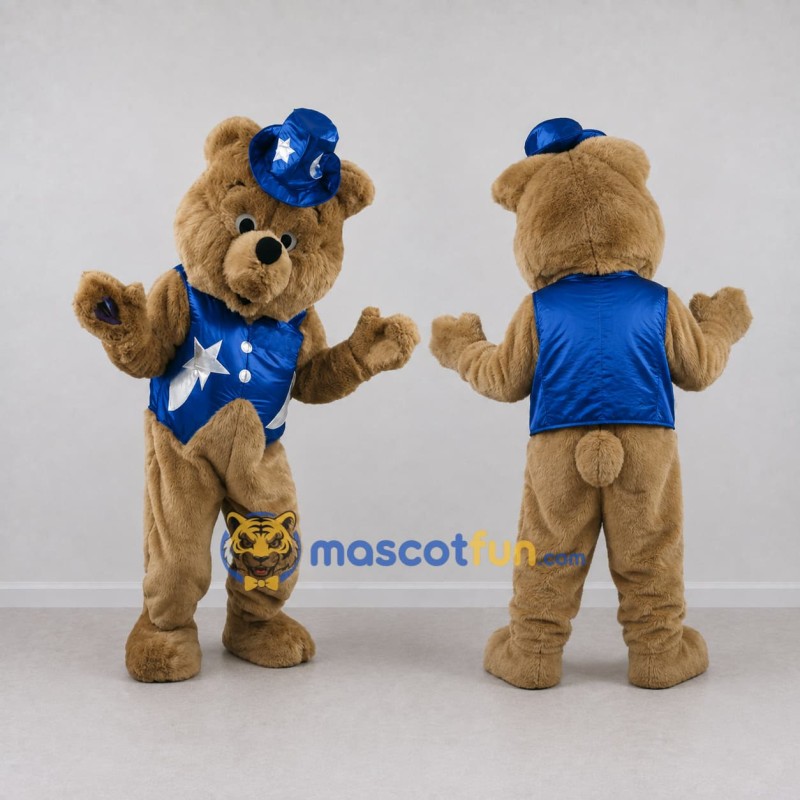 Custom Brown and Blue Magician Bear Mascot Costume Adult Full Body Suit for Party Events