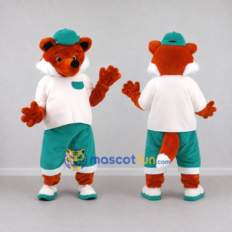 Custom Orange White and Teal Fox in Sportswear Mascot Costume Adult Full Body Suit for Sports Events Custom Orange White and Teal Fox in Sportswear Mascot Costume Adult Full Body Suit for Sports Events