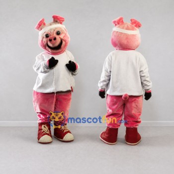 Custom Pink and White Pig in Jacket Mascot Costume Adult Full Body Suit for Children's Events