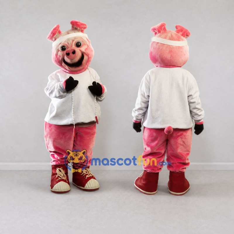 Custom Pink and White Pig in Jacket Mascot Costume Adult Full Body Suit for Children's Events Custom Pink and White Pig in Jacket Mascot Costume Adult Full Body Suit for Children's Events