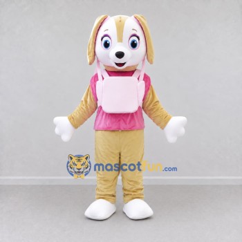 Custom Tan Pink and White Aviator Puppy Mascot Costume Adult Full Body Suit for Children's Events