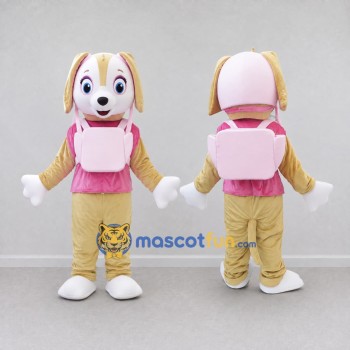 Custom Tan Pink and White Aviator Puppy Mascot Costume Adult Full Body Suit for Children's Events
