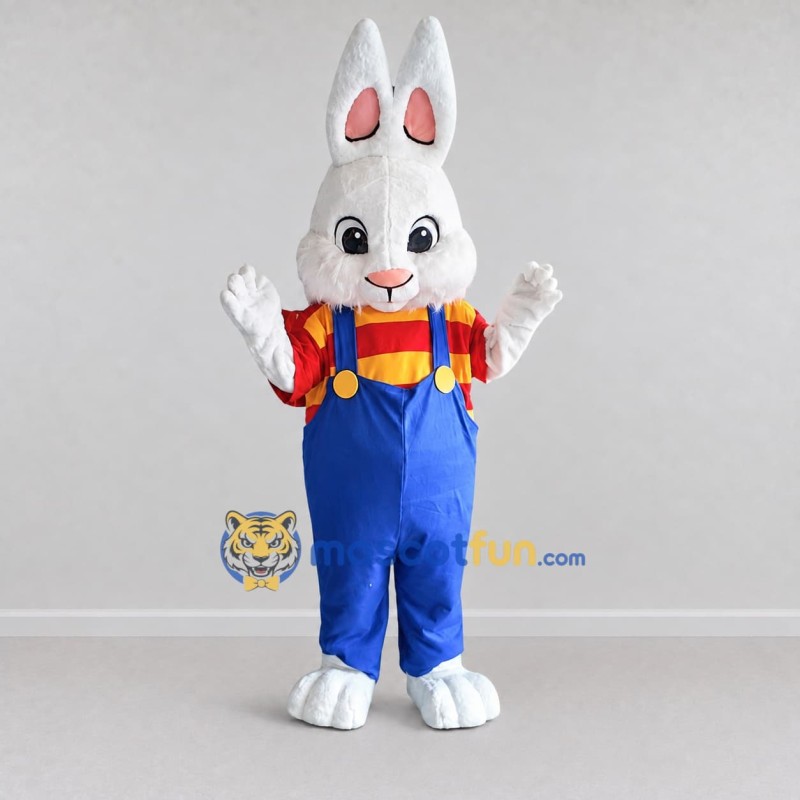 Custom White Blue and Red Rabbit in Overalls Mascot Costume Adult Full Body Suit for Easter Events Custom White Blue and Red Rabbit in Overalls Mascot Costume Adult Full Body Suit for Easter Events
