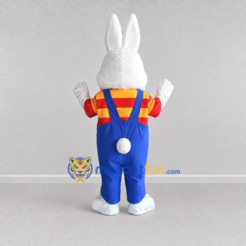 Custom White Blue and Red Rabbit in Overalls Mascot Costume Adult Full Body Suit for Easter Events Custom White Blue and Red Rabbit in Overalls Mascot Costume Adult Full Body Suit for Easter Events