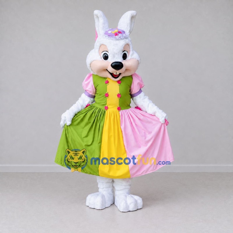 Custom White Green and Pink Rabbit in Dress Mascot Costume Adult Full Body Suit for Easter Events Custom White Green and Pink Rabbit in Dress Mascot Costume Adult Full Body Suit for Easter Events