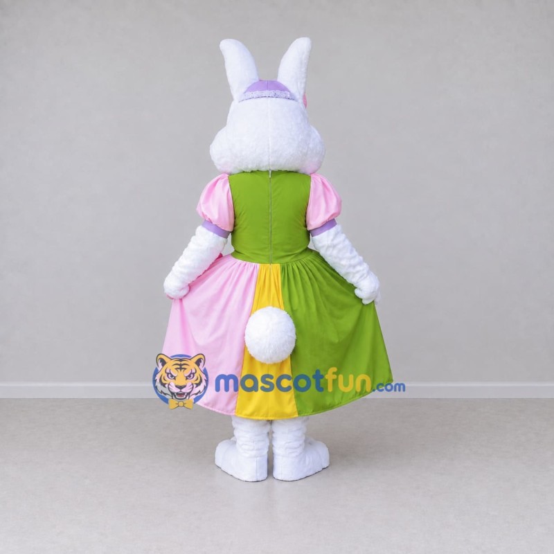 Custom White Green and Pink Rabbit in Dress Mascot Costume Adult Full Body Suit for Easter Events Custom White Green and Pink Rabbit in Dress Mascot Costume Adult Full Body Suit for Easter Events