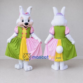 Custom White Green and Pink Rabbit in Dress Mascot Costume Adult Full Body Suit for Easter Events
