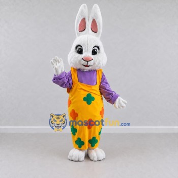 Custom White Yellow and Purple Rabbit in Overalls Mascot Costume Adult Full Body Suit for Easter Events Custom White Yellow and Purple Rabbit in Overalls Mascot Costume Adult Full Body Suit for Easter Events