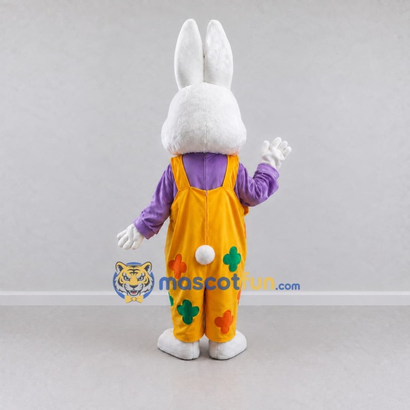 Custom White Yellow and Purple Rabbit in Overalls Mascot Costume Adult Full Body Suit for Easter Events Custom White Yellow and Purple Rabbit in Overalls Mascot Costume Adult Full Body Suit for Easter Events