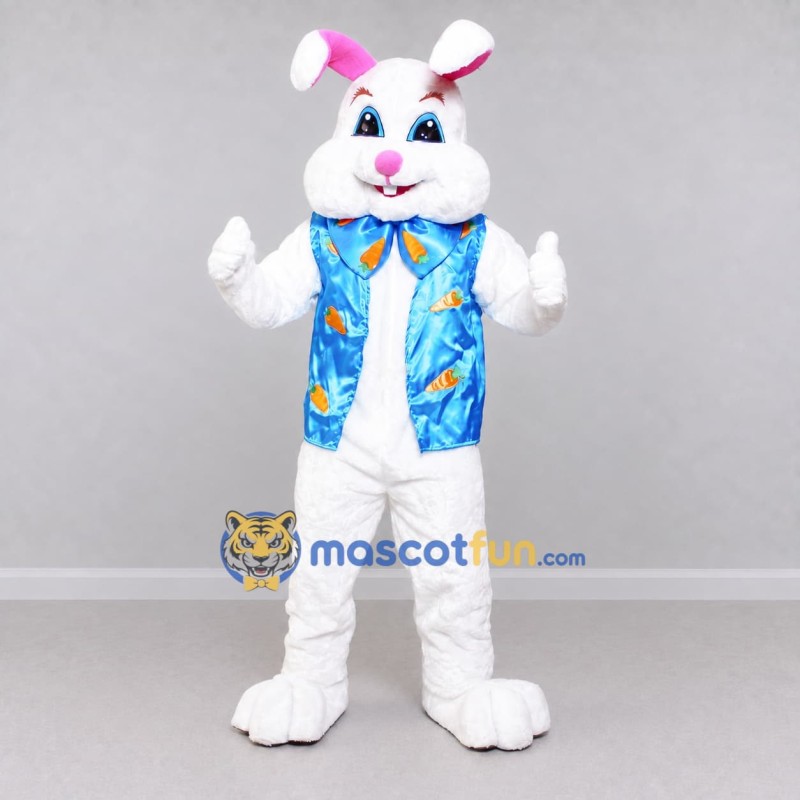 Custom White and Blue Rabbit in Vest Mascot Costume Adult Full Body Suit for Easter Events Custom White and Blue Rabbit in Vest Mascot Costume Adult Full Body Suit for Easter Events