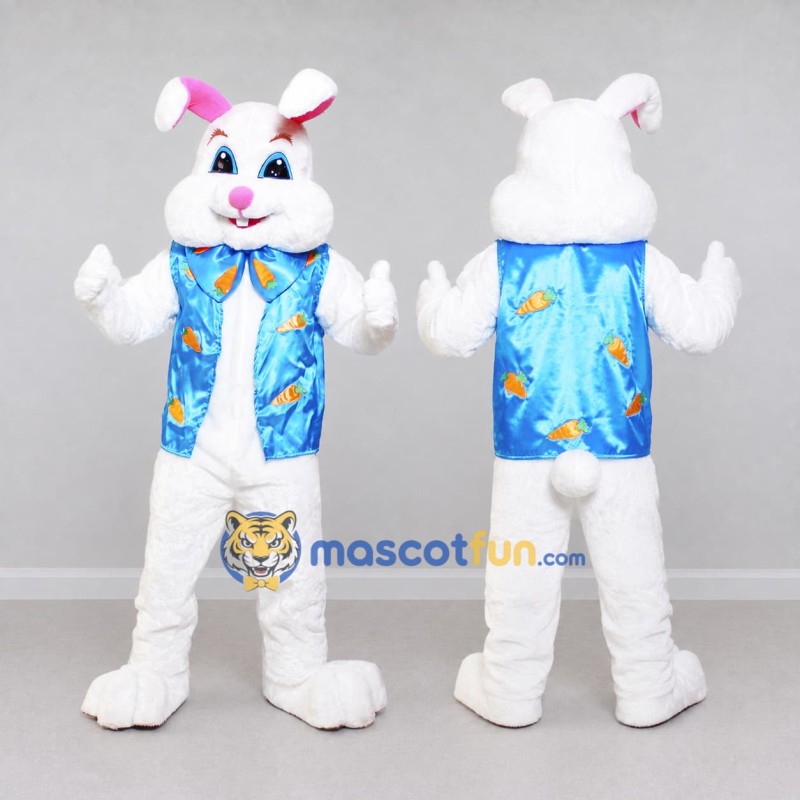 Custom White and Blue Rabbit in Vest Mascot Costume Adult Full Body Suit for Easter Events Custom White and Blue Rabbit in Vest Mascot Costume Adult Full Body Suit for Easter Events