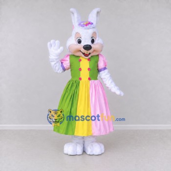 Custom White Green and Pink Rabbit in Dress Mascot Costume Adult Full Body Suit for Easter Events Custom White Green and Pink Rabbit in Dress Mascot Costume Adult Full Body Suit for Easter Events