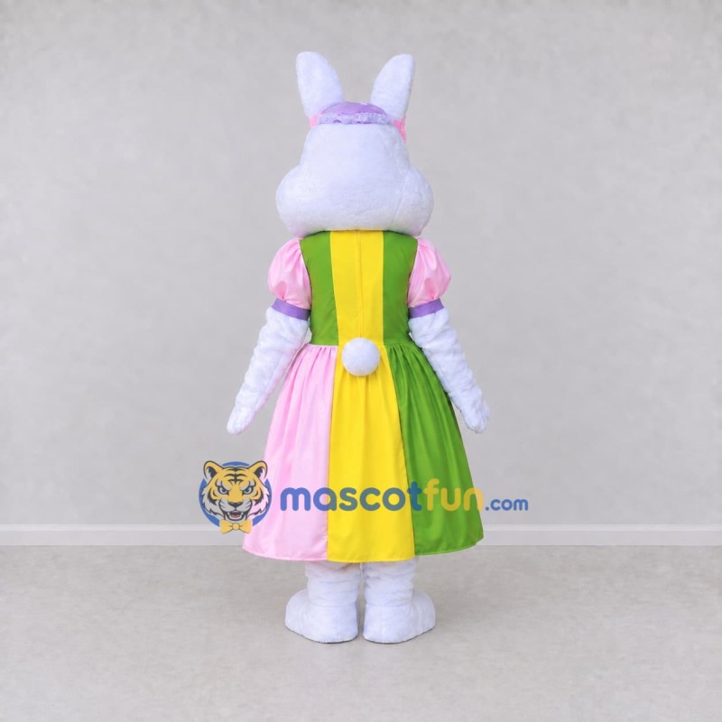 Custom White Green and Pink Rabbit in Dress Mascot Costume Adult Full Body Suit for Easter Events Custom White Green and Pink Rabbit in Dress Mascot Costume Adult Full Body Suit for Easter Events